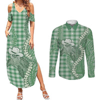 Green Hawaii Palaka Cowboy Turtle Couples Matching Summer Maxi Dress and Long Sleeve Button Shirt Hawaiian Paniolo Puakenikeni Maile Lei DT05 Green - Polynesian Pride