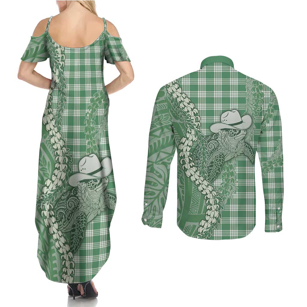 Green Hawaii Palaka Cowboy Turtle Couples Matching Summer Maxi Dress and Long Sleeve Button Shirt Hawaiian Paniolo Puakenikeni Maile Lei DT05 - Polynesian Pride