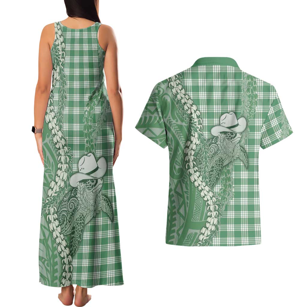 Green Hawaii Palaka Cowboy Turtle Couples Matching Tank Maxi Dress and Hawaiian Shirt Hawaiian Paniolo Puakenikeni Maile Lei DT05 - Polynesian Pride