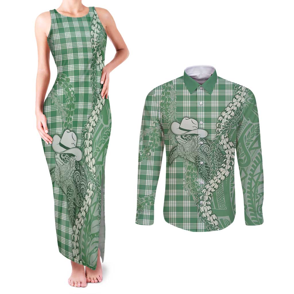Green Hawaii Palaka Cowboy Turtle Couples Matching Tank Maxi Dress and Long Sleeve Button Shirt Hawaiian Paniolo Puakenikeni Maile Lei DT05 Green - Polynesian Pride