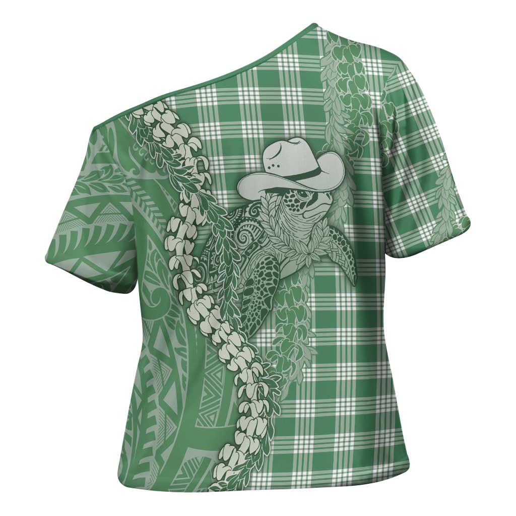 Green Hawaii Palaka Cowboy Turtle Cross Shoulder Shirt Hawaiian Paniolo Puakenikeni Maile Lei DT05 - Polynesian Pride