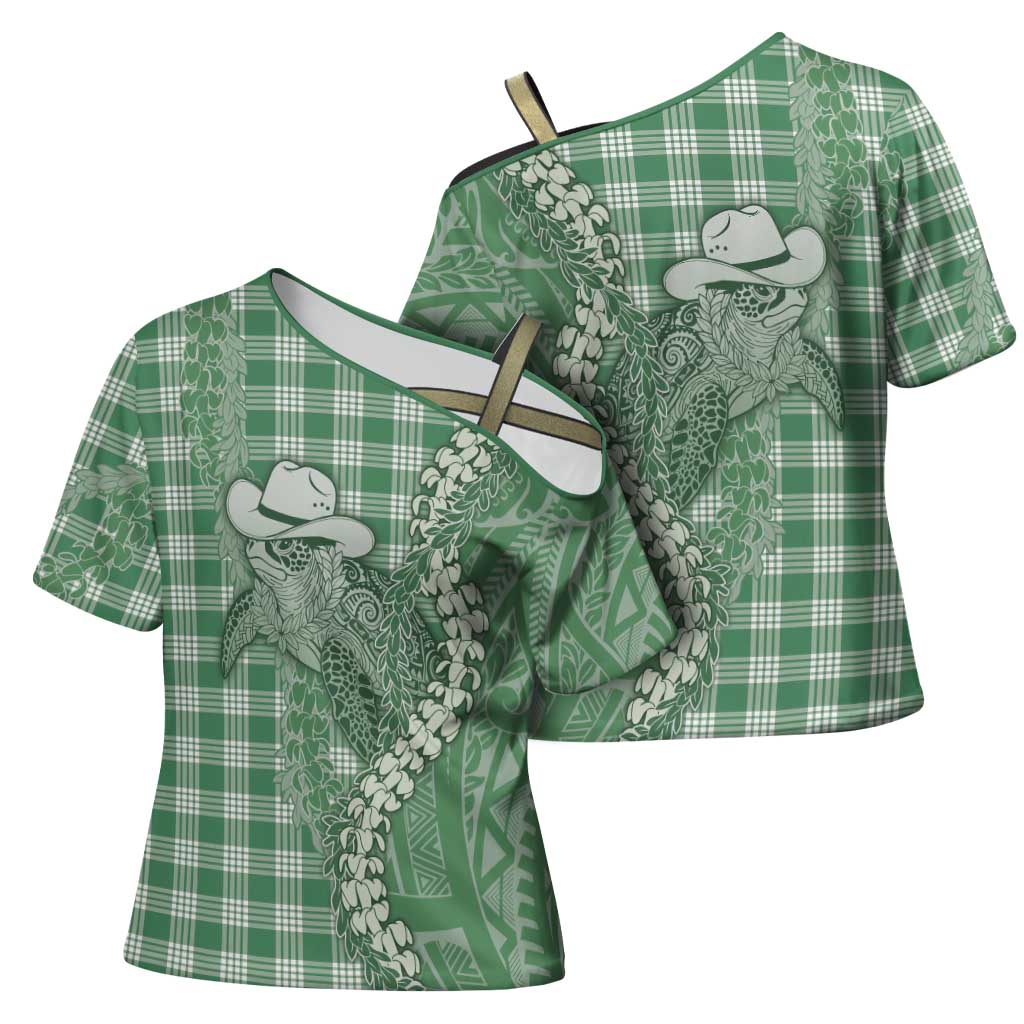 Green Hawaii Palaka Cowboy Turtle Cross Shoulder Shirt Hawaiian Paniolo Puakenikeni Maile Lei DT05 - Polynesian Pride