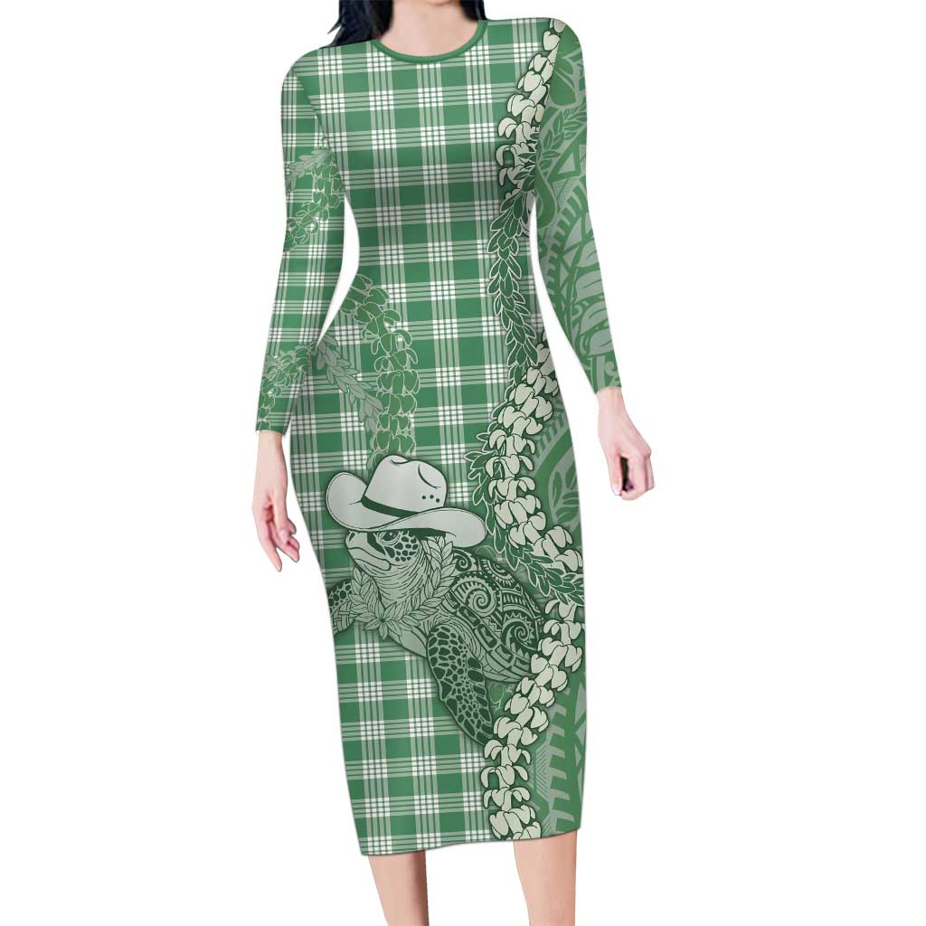 Green Hawaii Palaka Cowboy Turtle Family Matching Long Sleeve Bodycon Dress and Hawaiian Shirt Hawaiian Paniolo Puakenikeni Maile Lei DT05 Mom's Dress Green - Polynesian Pride