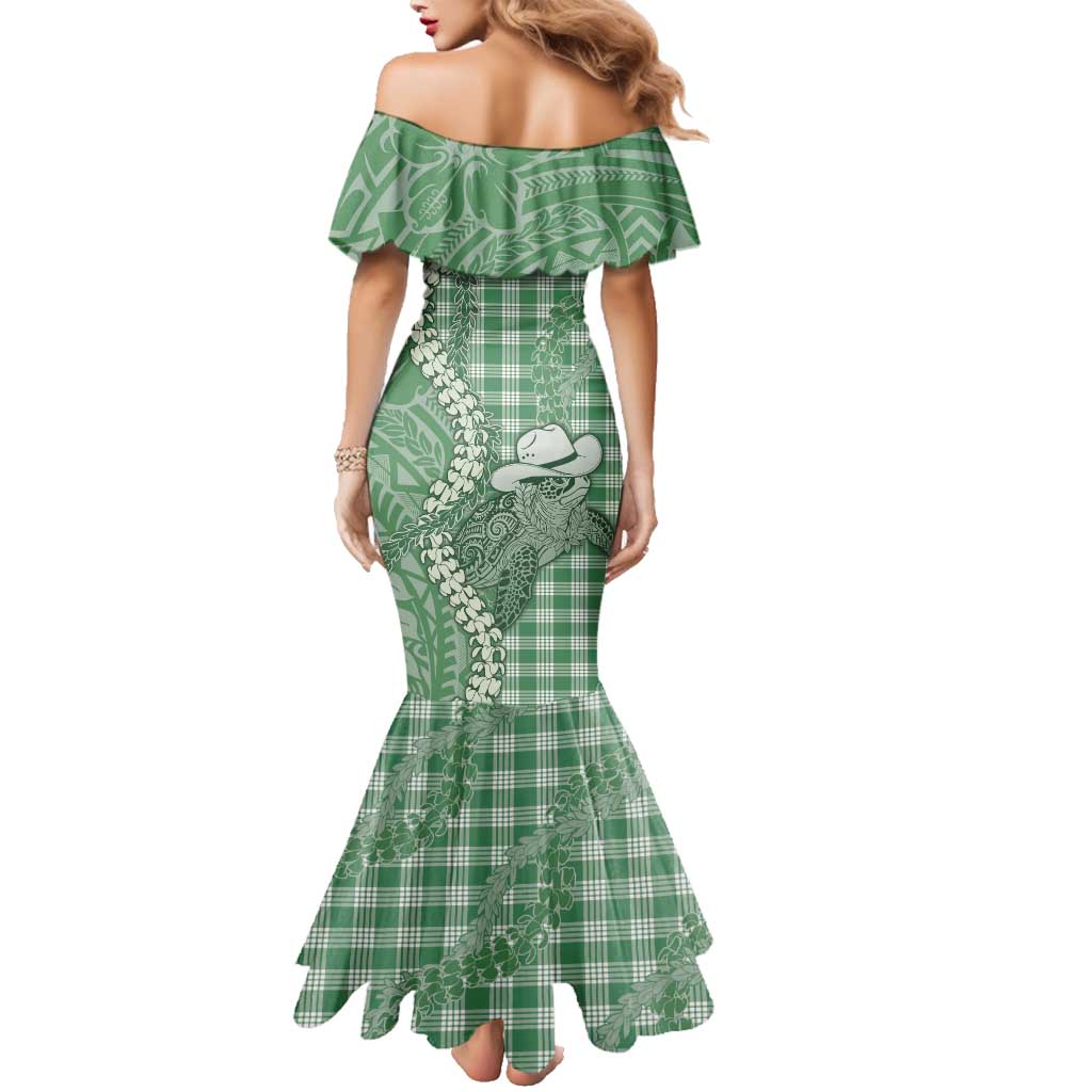 Green Hawaii Palaka Cowboy Turtle Family Matching Mermaid Dress and Hawaiian Shirt Hawaiian Paniolo Puakenikeni Maile Lei DT05 - Polynesian Pride
