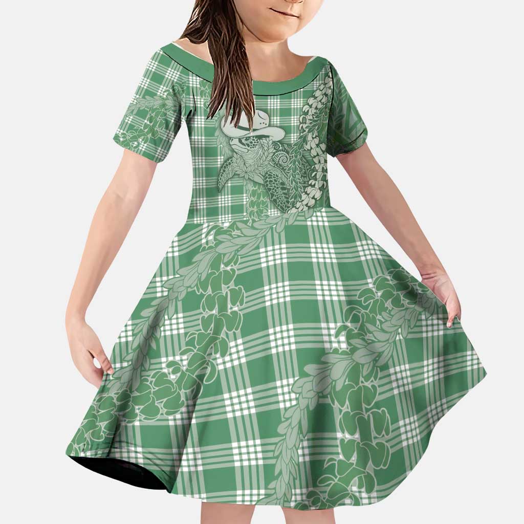 Green Hawaii Palaka Cowboy Turtle Family Matching Off The Shoulder Long Sleeve Dress and Hawaiian Shirt Hawaiian Paniolo Puakenikeni Maile Lei DT05 Daughter's Dress Green - Polynesian Pride