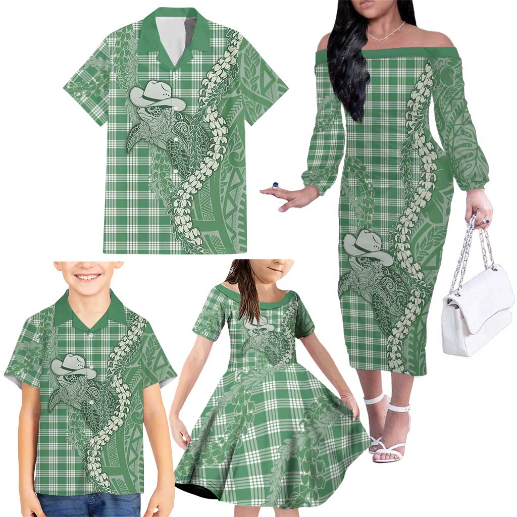 Green Hawaii Palaka Cowboy Turtle Family Matching Off The Shoulder Long Sleeve Dress and Hawaiian Shirt Hawaiian Paniolo Puakenikeni Maile Lei DT05 - Polynesian Pride