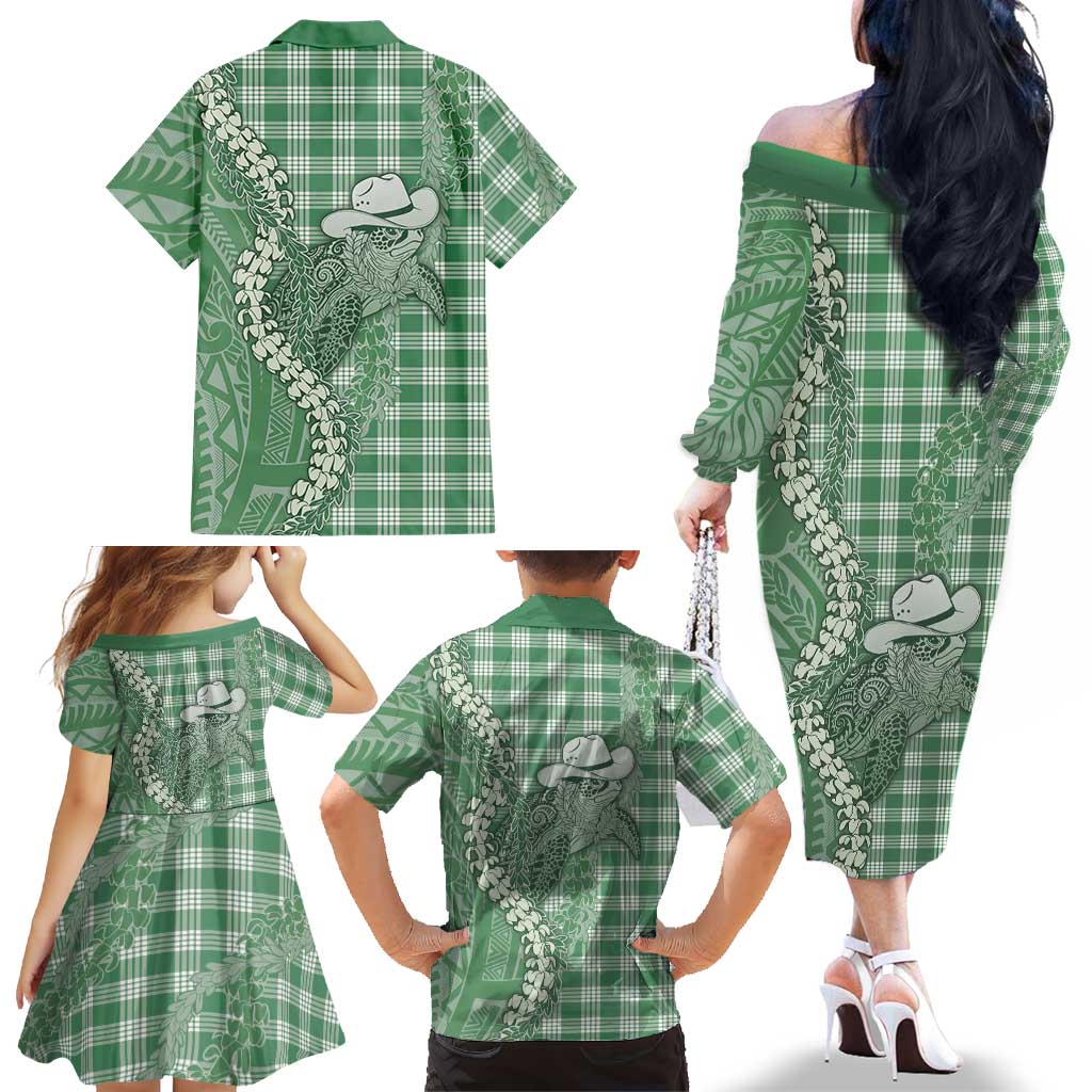 Green Hawaii Palaka Cowboy Turtle Family Matching Off The Shoulder Long Sleeve Dress and Hawaiian Shirt Hawaiian Paniolo Puakenikeni Maile Lei DT05 - Polynesian Pride