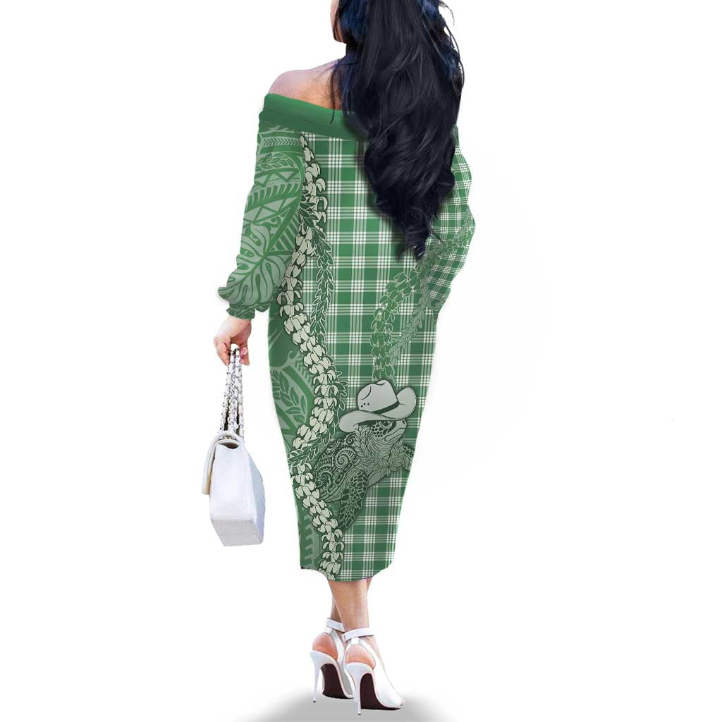 Green Hawaii Palaka Cowboy Turtle Family Matching Off The Shoulder Long Sleeve Dress and Hawaiian Shirt Hawaiian Paniolo Puakenikeni Maile Lei DT05 - Polynesian Pride