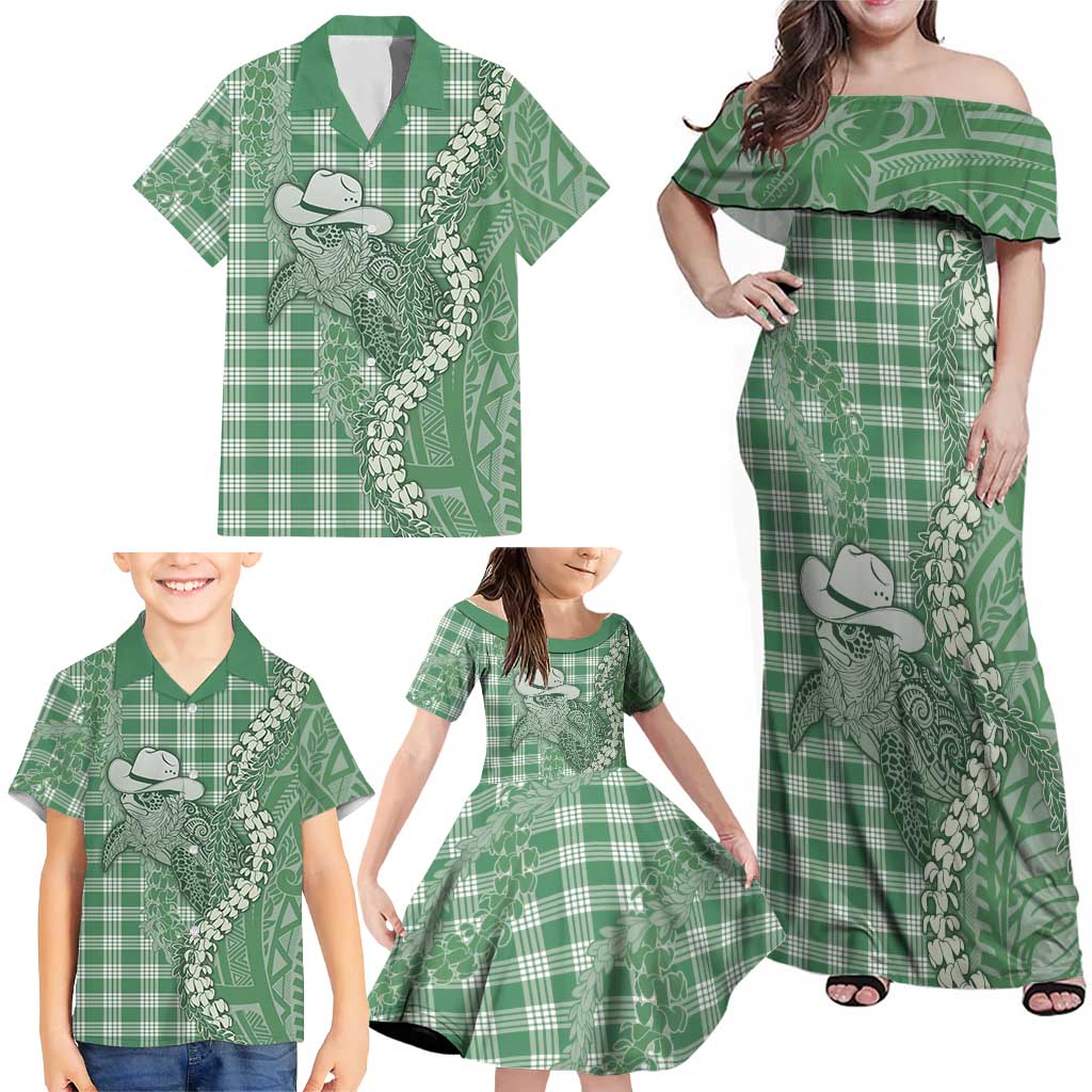 Green Hawaii Palaka Cowboy Turtle Family Matching Off Shoulder Maxi Dress and Hawaiian Shirt Hawaiian Paniolo Puakenikeni Maile Lei - Polynesian Pride