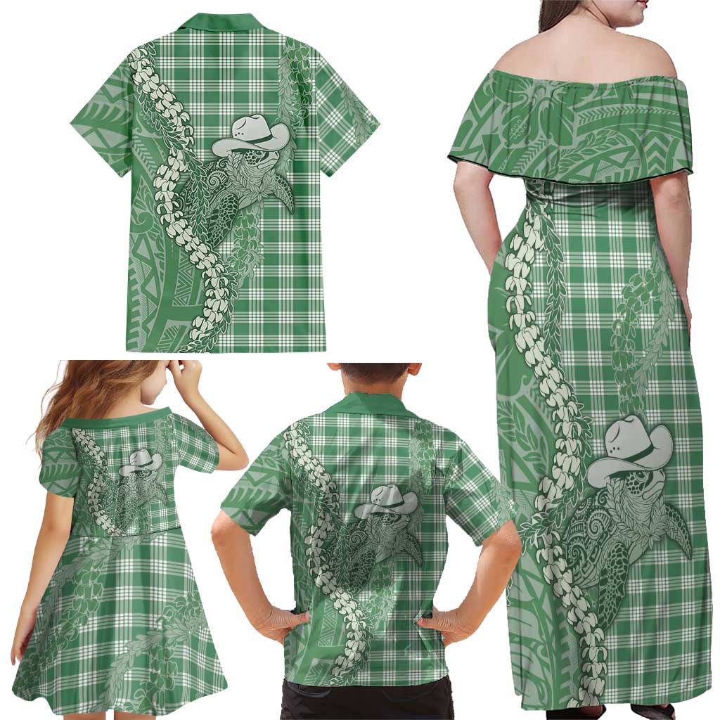 Green Hawaii Palaka Cowboy Turtle Family Matching Off Shoulder Maxi Dress and Hawaiian Shirt Hawaiian Paniolo Puakenikeni Maile Lei DT05 - Polynesian Pride