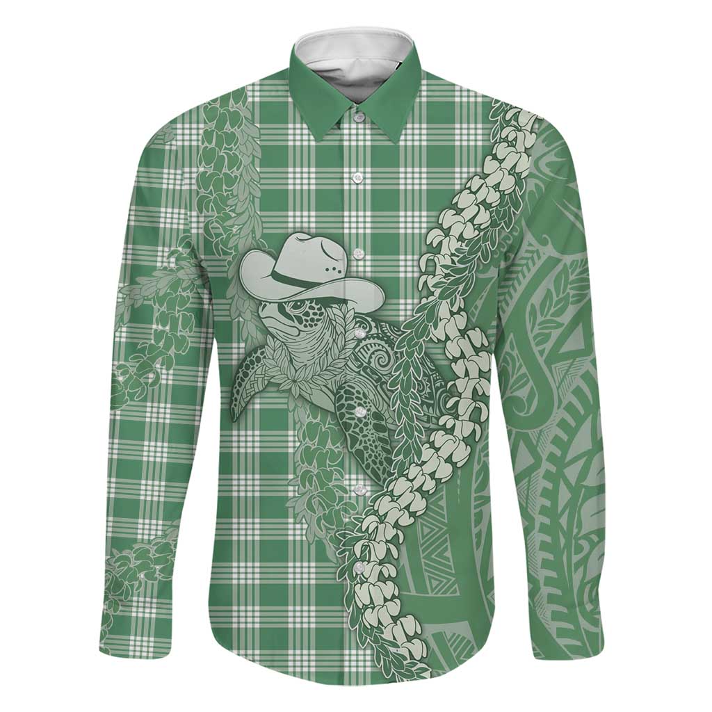Green Hawaii Palaka Cowboy Turtle Family Matching Off Shoulder Maxi Dress and Hawaiian Shirt Hawaiian Paniolo Puakenikeni Maile Lei DT05 Dad's Shirt - Long Sleeve Green - Polynesian Pride