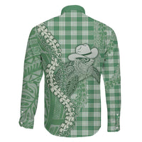 Green Hawaii Palaka Cowboy Turtle Family Matching Off Shoulder Maxi Dress and Hawaiian Shirt Hawaiian Paniolo Puakenikeni Maile Lei DT05 - Polynesian Pride