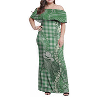 Green Hawaii Palaka Cowboy Turtle Family Matching Off Shoulder Maxi Dress and Hawaiian Shirt Hawaiian Paniolo Puakenikeni Maile Lei DT05 Mom's Dress Green - Polynesian Pride
