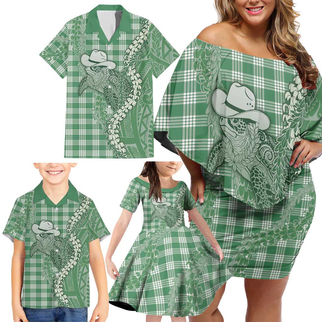 Green Hawaii Palaka Cowboy Turtle Family Matching Off Shoulder Short Dress and Hawaiian Shirt Hawaiian Paniolo Puakenikeni Maile Lei - Polynesian Pride