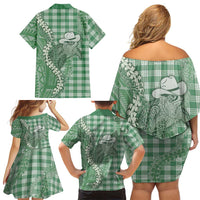 Green Hawaii Palaka Cowboy Turtle Family Matching Off Shoulder Short Dress and Hawaiian Shirt Hawaiian Paniolo Puakenikeni Maile Lei DT05 - Polynesian Pride