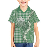 Green Hawaii Palaka Cowboy Turtle Family Matching Off Shoulder Short Dress and Hawaiian Shirt Hawaiian Paniolo Puakenikeni Maile Lei DT05 Son's Shirt Green - Polynesian Pride