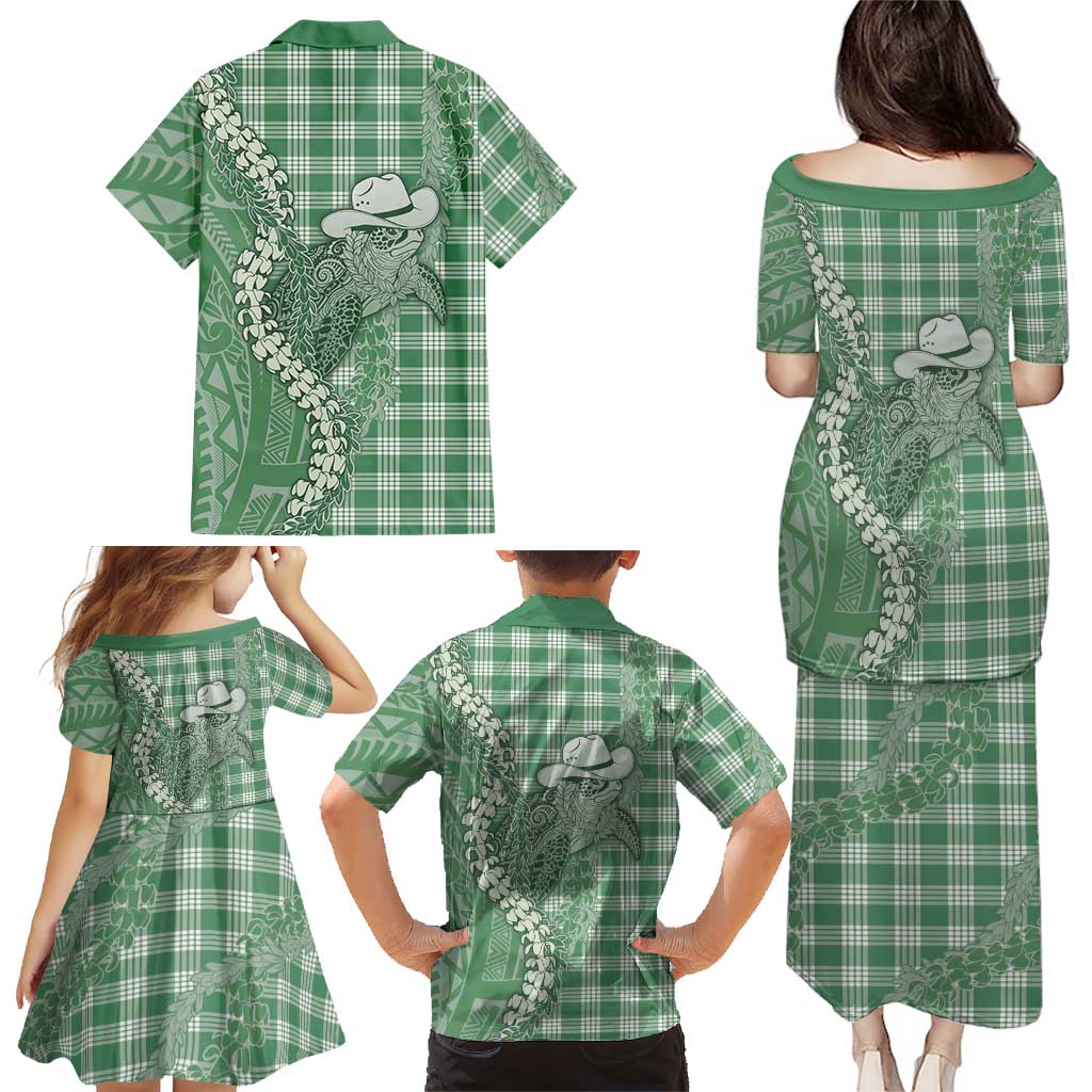 Green Hawaii Palaka Cowboy Turtle Family Matching Puletasi and Hawaiian Shirt Hawaiian Paniolo Puakenikeni Maile Lei DT05 - Polynesian Pride