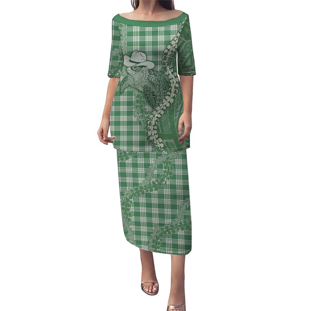 Green Hawaii Palaka Cowboy Turtle Family Matching Puletasi and Hawaiian Shirt Hawaiian Paniolo Puakenikeni Maile Lei DT05 Mom's Dress Green - Polynesian Pride