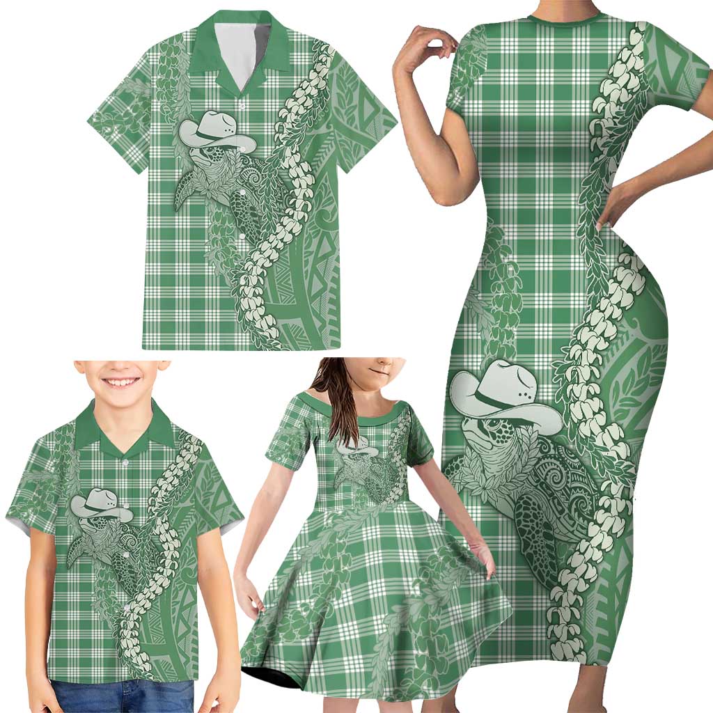 Green Hawaii Palaka Cowboy Turtle Family Matching Short Sleeve Bodycon Dress and Hawaiian Shirt Hawaiian Paniolo Puakenikeni Maile Lei - Polynesian Pride