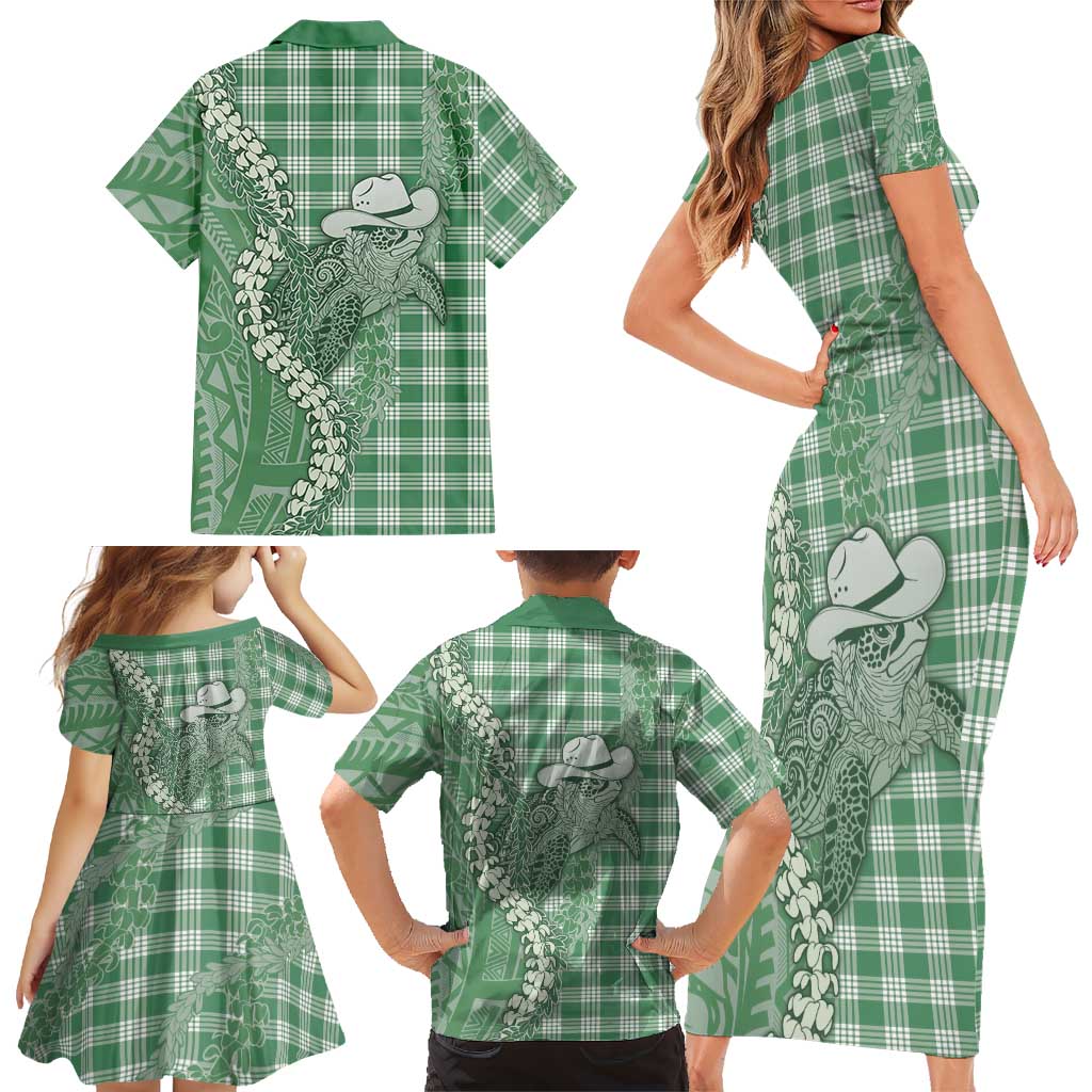 Green Hawaii Palaka Cowboy Turtle Family Matching Short Sleeve Bodycon Dress and Hawaiian Shirt Hawaiian Paniolo Puakenikeni Maile Lei DT05 - Polynesian Pride