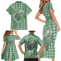 Green Hawaii Palaka Cowboy Turtle Family Matching Short Sleeve Bodycon Dress and Hawaiian Shirt Hawaiian Paniolo Puakenikeni Maile Lei DT05 - Polynesian Pride