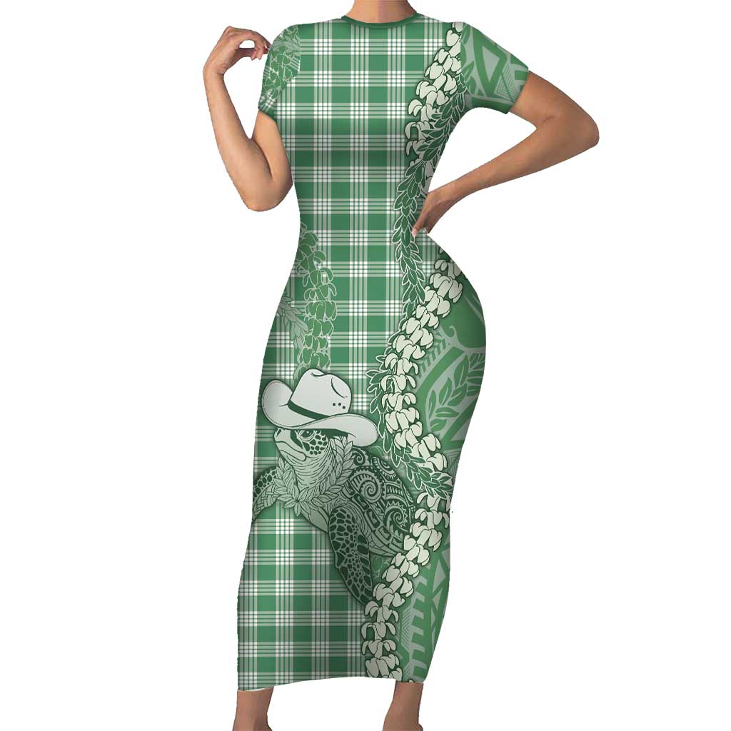 Green Hawaii Palaka Cowboy Turtle Family Matching Short Sleeve Bodycon Dress and Hawaiian Shirt Hawaiian Paniolo Puakenikeni Maile Lei DT05 Mom's Dress Green - Polynesian Pride
