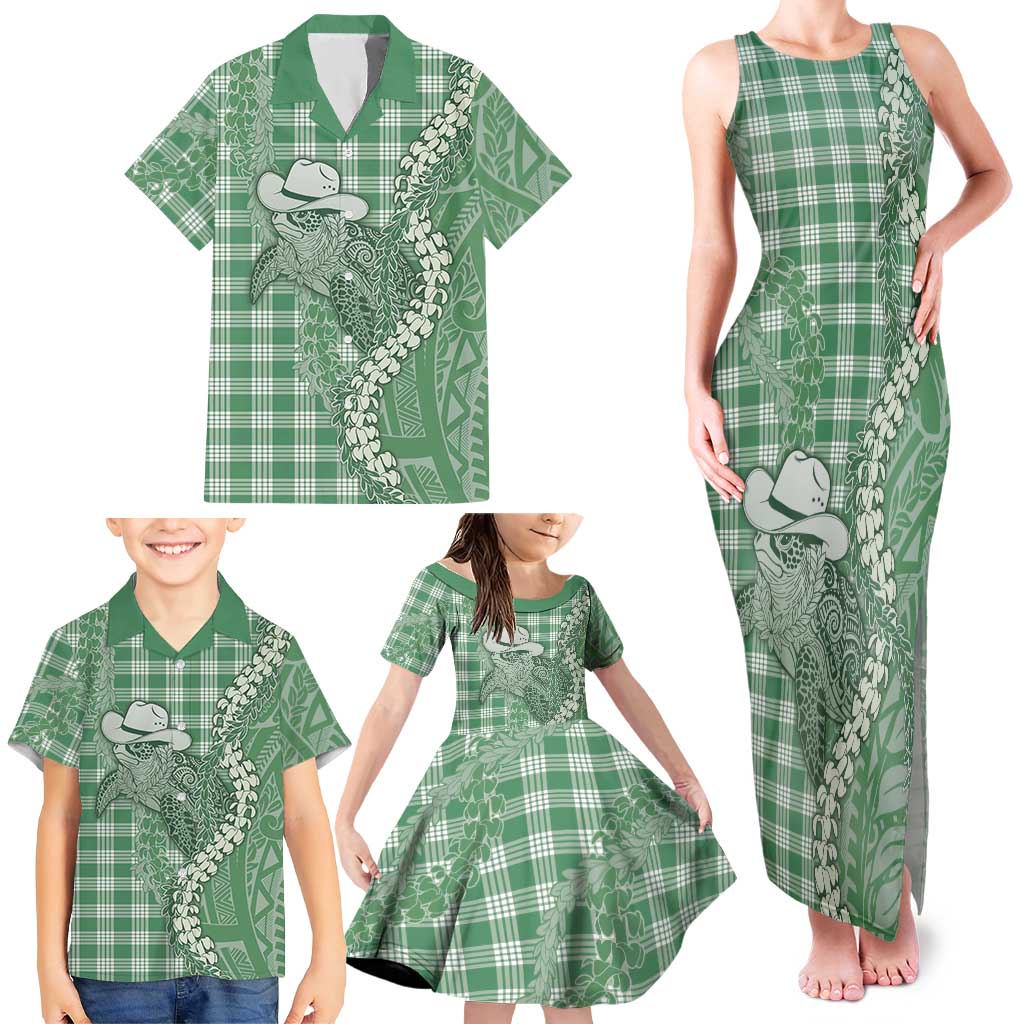 Green Hawaii Palaka Cowboy Turtle Family Matching Tank Maxi Dress and Hawaiian Shirt Hawaiian Paniolo Puakenikeni Maile Lei DT05 - Polynesian Pride