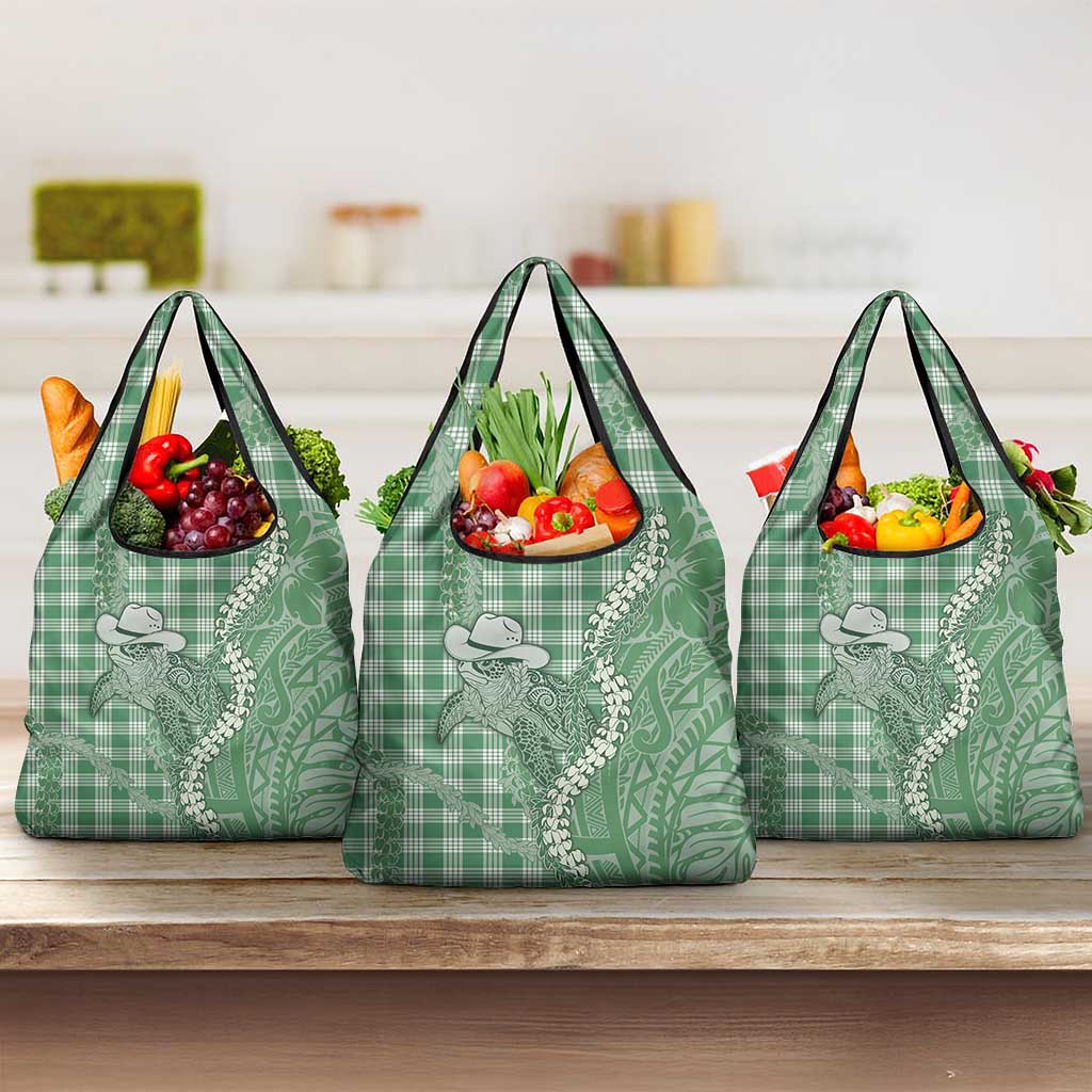 Green Hawaii Palaka Cowboy Turtle Grocery Bag Hawaiian Paniolo Puakenikeni Maile Lei - Polynesian Pride