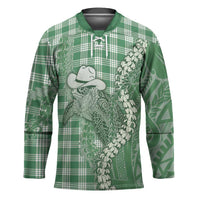 Green Hawaii Palaka Cowboy Turtle Hockey Jersey Hawaiian Paniolo Puakenikeni Maile Lei - Polynesian Pride