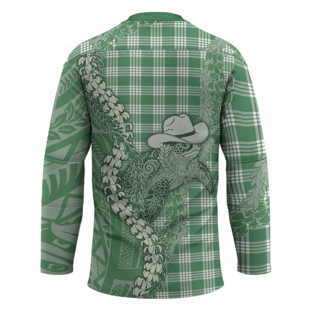 Green Hawaii Palaka Cowboy Turtle Hockey Jersey Hawaiian Paniolo Puakenikeni Maile Lei - Polynesian Pride