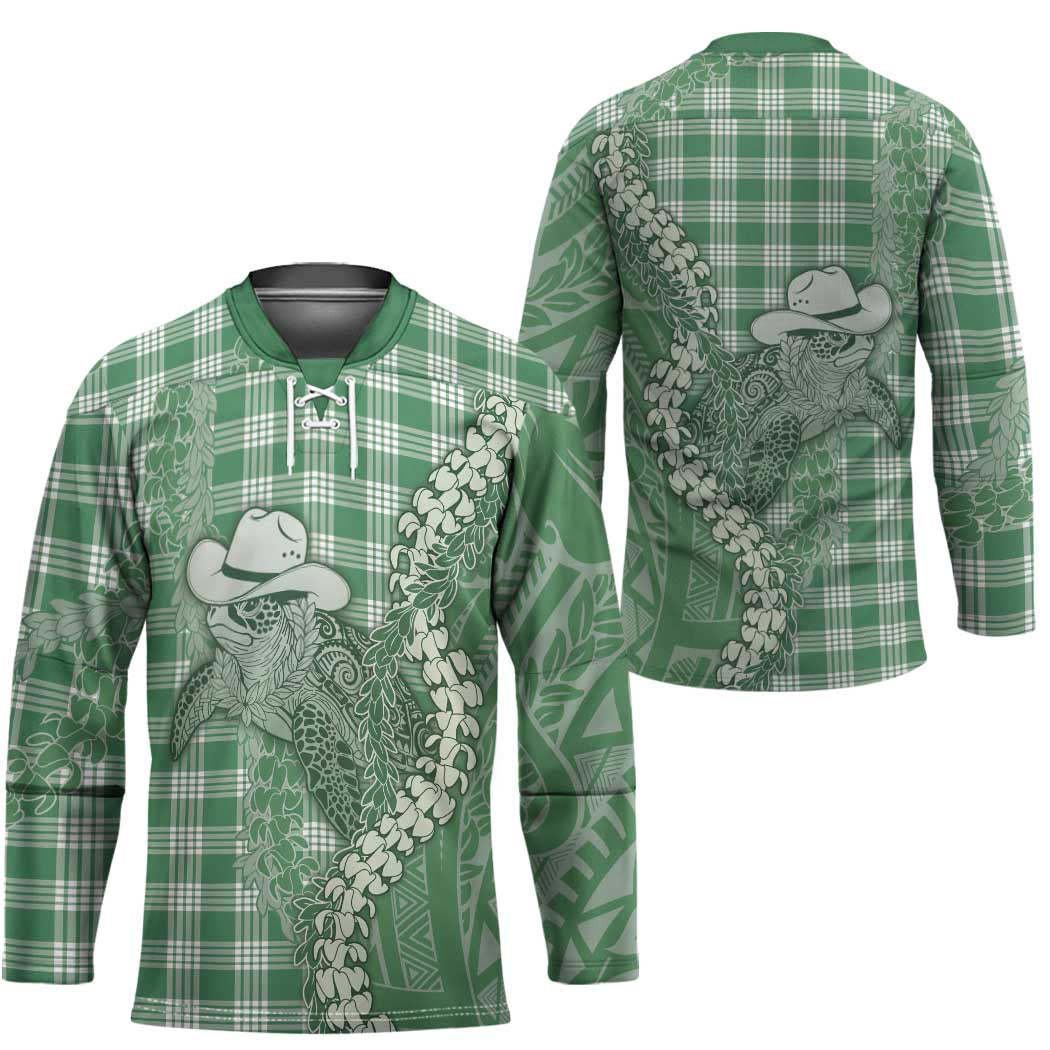 Green Hawaii Palaka Cowboy Turtle Hockey Jersey Hawaiian Paniolo Puakenikeni Maile Lei - Polynesian Pride