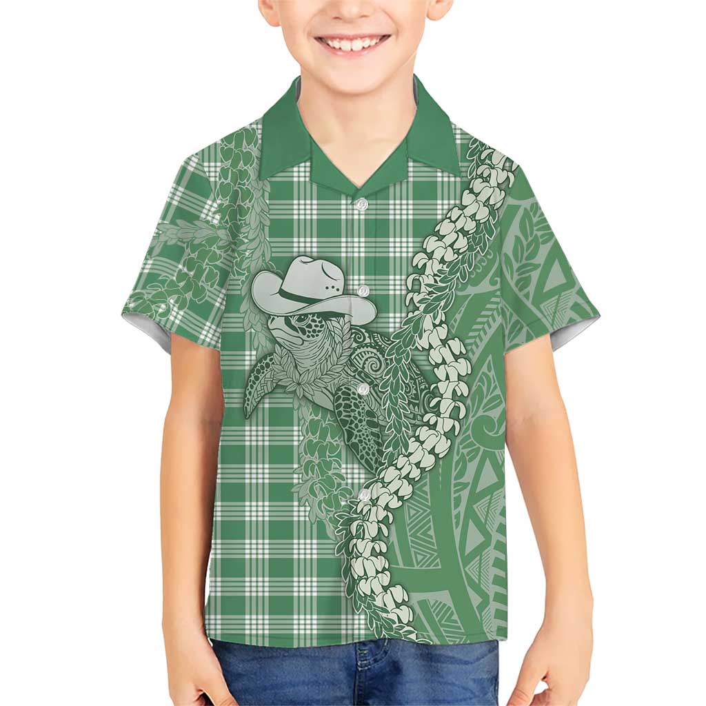 Green Hawaii Palaka Cowboy Turtle Kid Hawaiian Shirt Hawaiian Paniolo Puakenikeni Maile Lei - Polynesian Pride