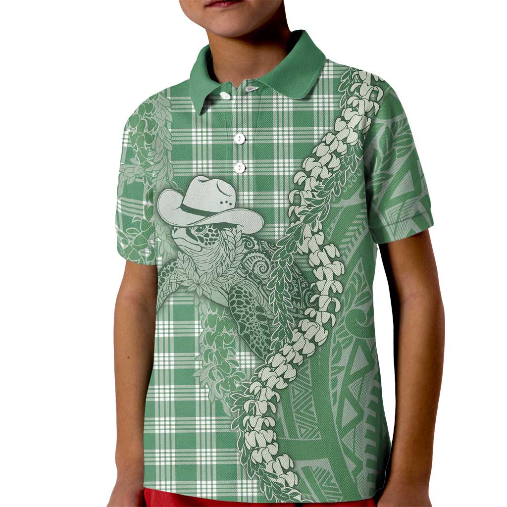 Green Hawaii Palaka Cowboy Turtle Kid Polo Shirt Hawaiian Paniolo Puakenikeni Maile Lei - Polynesian Pride
