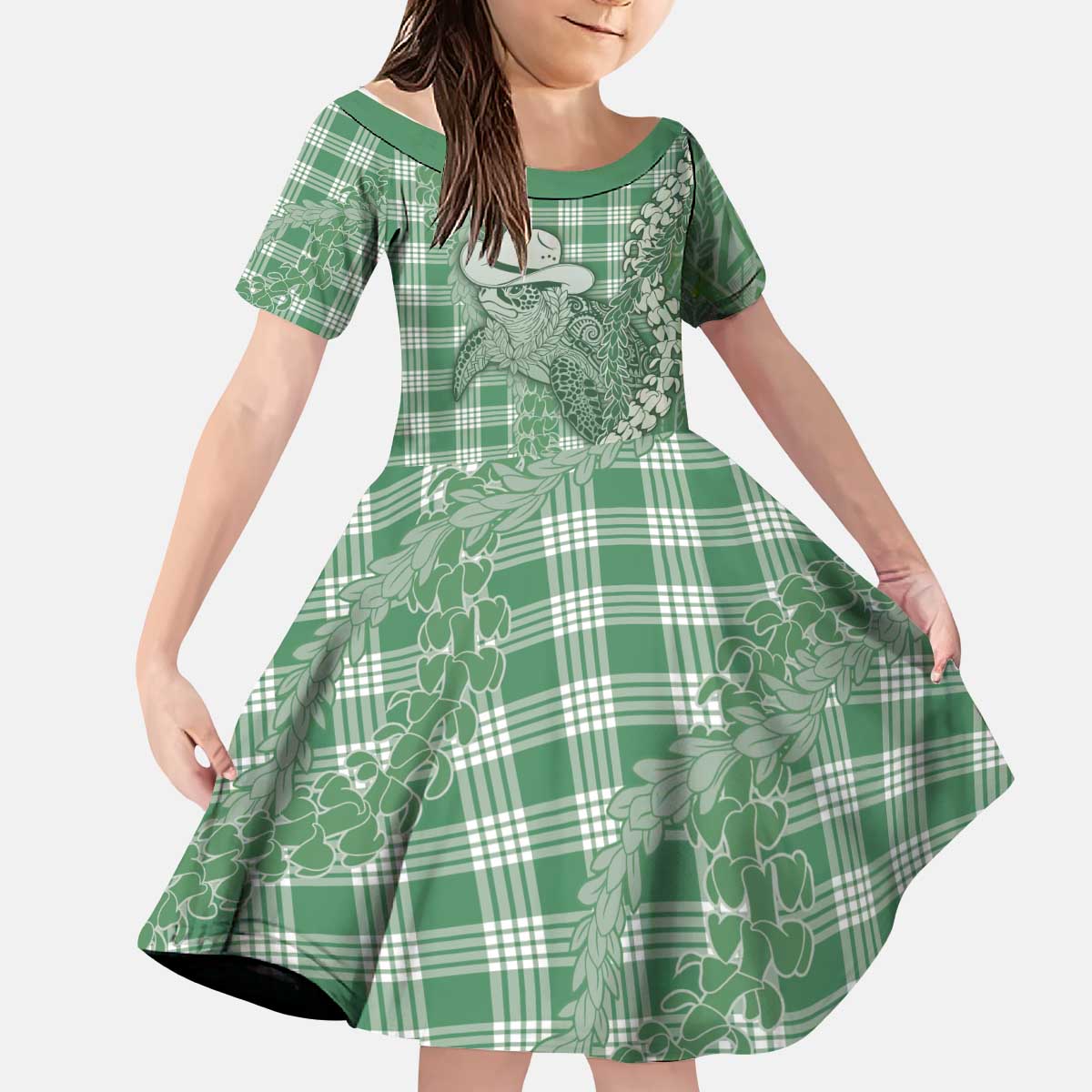 Green Hawaii Palaka Cowboy Turtle Kid Short Sleeve Dress Hawaiian Paniolo Puakenikeni Maile Lei DT05 KID Green - Polynesian Pride