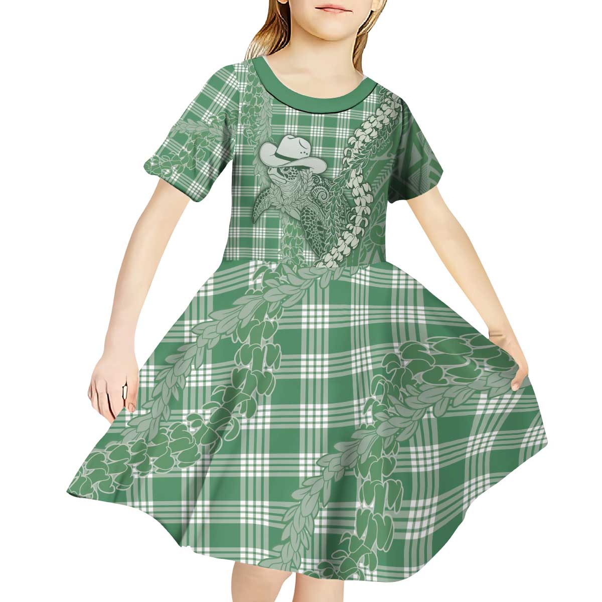 Green Hawaii Palaka Cowboy Turtle Kid Short Sleeve Dress Hawaiian Paniolo Puakenikeni Maile Lei DT05 - Polynesian Pride