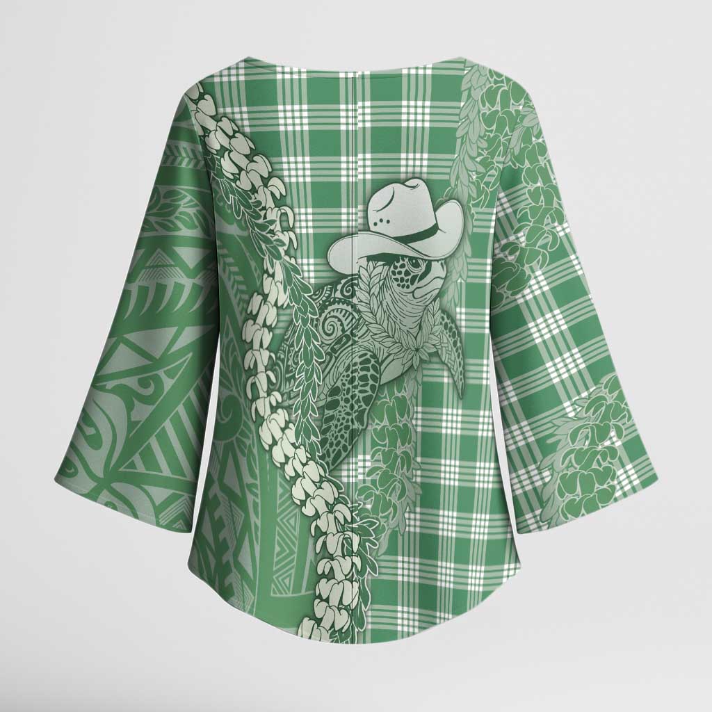 Green Hawaii Palaka Cowboy Turtle Kimono Sleeve Blouse Hawaiian Paniolo Puakenikeni Maile Lei DT05 - Polynesian Pride
