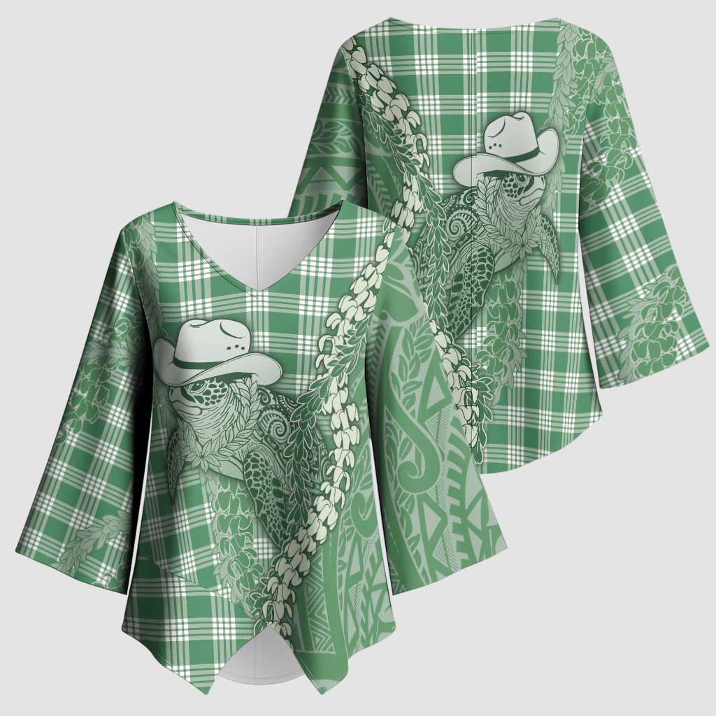 Green Hawaii Palaka Cowboy Turtle Kimono Sleeve Blouse Hawaiian Paniolo Puakenikeni Maile Lei DT05 - Polynesian Pride