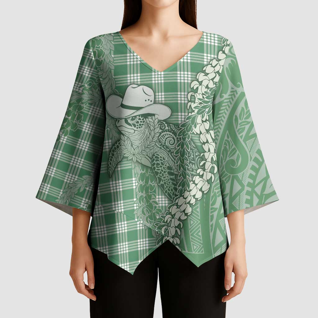 Green Hawaii Palaka Cowboy Turtle Kimono Sleeve Blouse Hawaiian Paniolo Puakenikeni Maile Lei DT05 - Polynesian Pride
