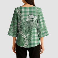 Green Hawaii Palaka Cowboy Turtle Kimono Sleeve Blouse Hawaiian Paniolo Puakenikeni Maile Lei DT05 - Polynesian Pride