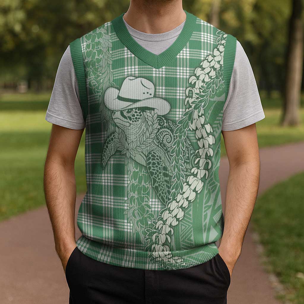 Green Hawaii Palaka Cowboy Turtle Christmas Knitted V-Neck Vest Hawaiian Paniolo Puakenikeni Maile Lei DT05 - Polynesian Pride