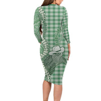 Green Hawaii Palaka Cowboy Turtle Long Sleeve Bodycon Dress Hawaiian Paniolo Puakenikeni Maile Lei DT05 - Polynesian Pride