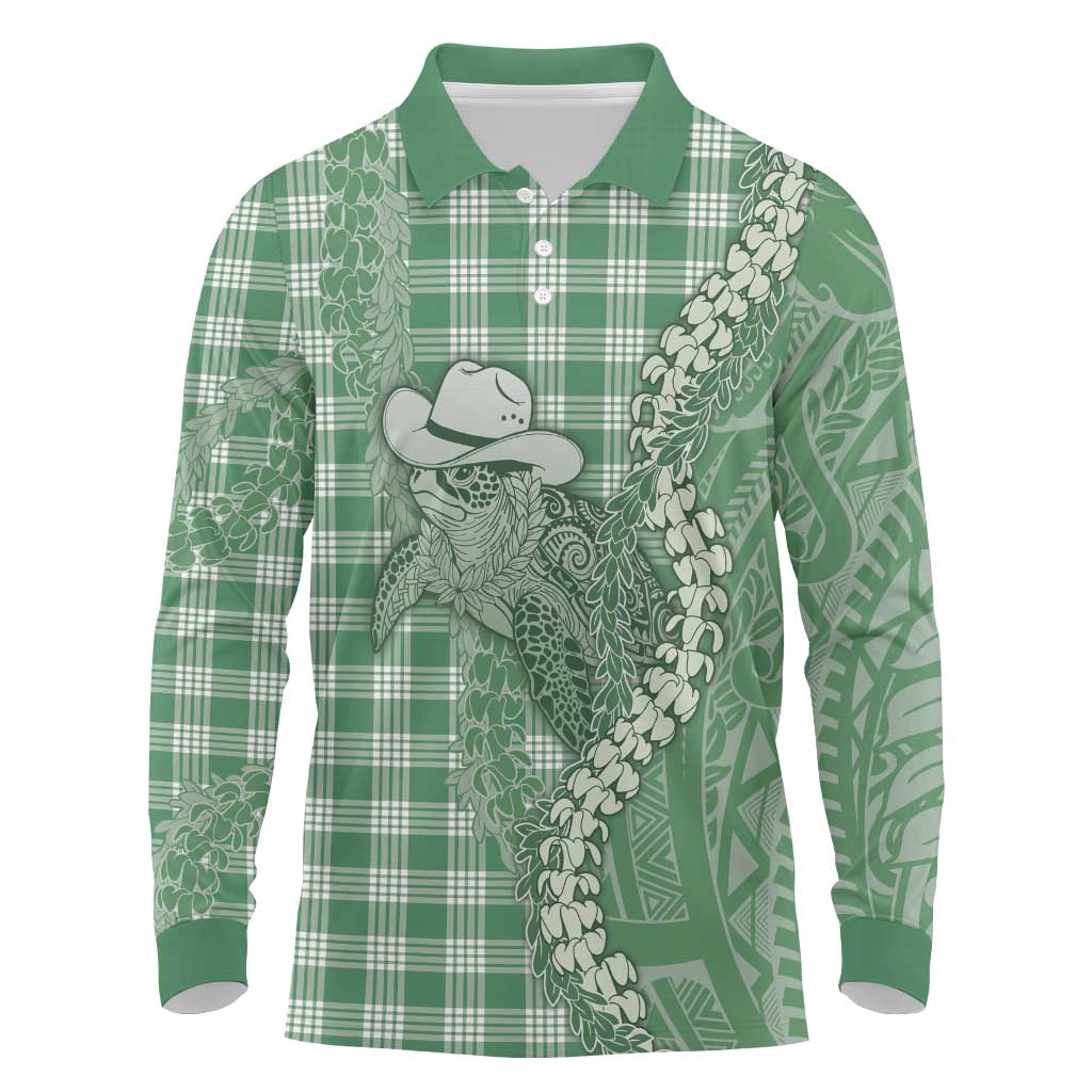 Green Hawaii Palaka Cowboy Turtle Long Sleeve Polo Shirt Hawaiian Paniolo Puakenikeni Maile Lei DT05 Green - Polynesian Pride