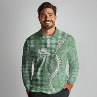 Green Hawaii Palaka Cowboy Turtle Long Sleeve Polo Shirt Hawaiian Paniolo Puakenikeni Maile Lei DT05 - Polynesian Pride