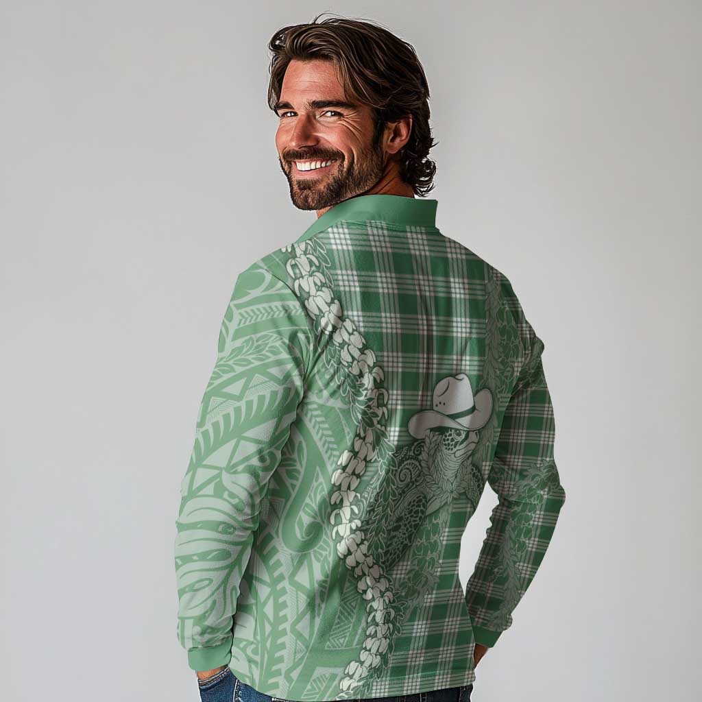 Green Hawaii Palaka Cowboy Turtle Long Sleeve Polo Shirt Hawaiian Paniolo Puakenikeni Maile Lei DT05 - Polynesian Pride
