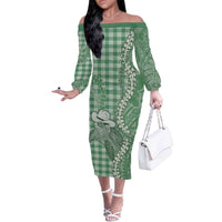 Green Hawaii Palaka Cowboy Turtle Off The Shoulder Long Sleeve Dress Hawaiian Paniolo Puakenikeni Maile Lei DT05 Women Green - Polynesian Pride