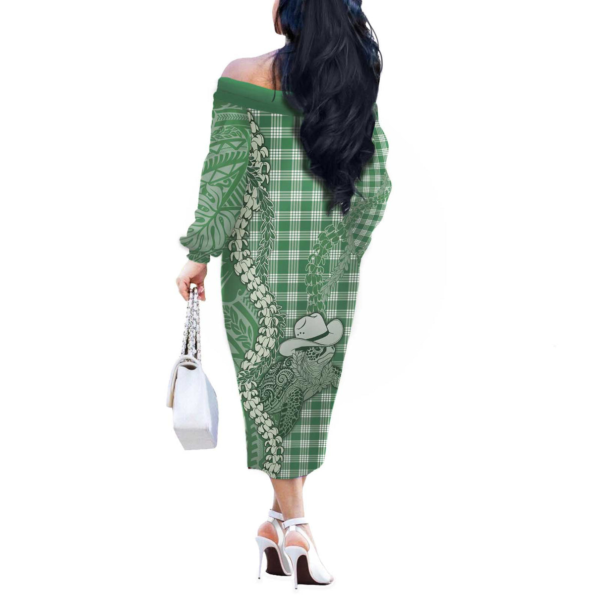 Green Hawaii Palaka Cowboy Turtle Off The Shoulder Long Sleeve Dress Hawaiian Paniolo Puakenikeni Maile Lei DT05 - Polynesian Pride