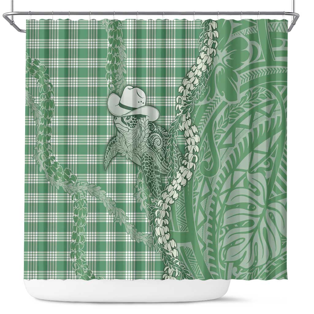 Green Hawaii Palaka Cowboy Turtle Shower Curtain Hawaiian Paniolo Puakenikeni Maile Lei DT05 Green - Polynesian Pride