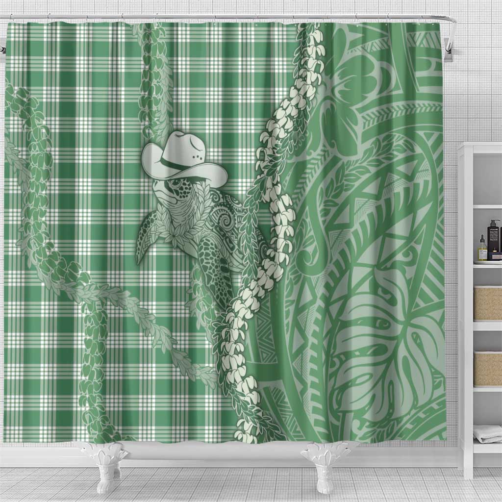 Green Hawaii Palaka Cowboy Turtle Shower Curtain Hawaiian Paniolo Puakenikeni Maile Lei DT05 - Polynesian Pride