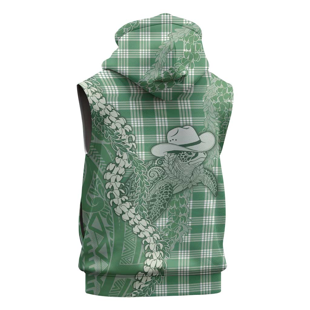 Green Hawaii Palaka Cowboy Turtle Sleeveless Hoodie Hawaiian Paniolo Puakenikeni Maile Lei DT05 - Polynesian Pride