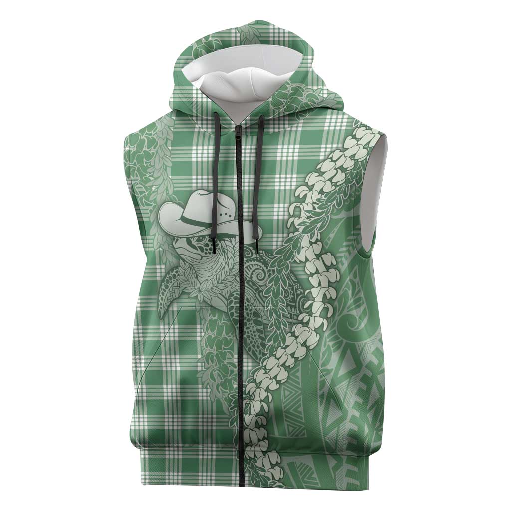 Green Hawaii Palaka Cowboy Turtle Sleeveless Zip Hoodie Hawaiian Paniolo Puakenikeni Maile Lei - Polynesian Pride